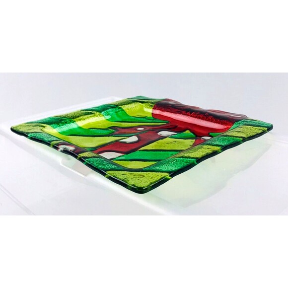 Christmas Glass Candy dish Green Red Bow Stripes 6in x 7in Fused Art Glass - Picture 4 of 5
